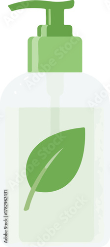 Eco-friendly liquid soap dispenser with a green leaf icon. A simple vector graphic promoting clean hands and natural skincare wellness