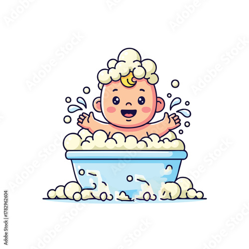 baby sitting in a small bathtub full of bubbles, smiling and splashing water