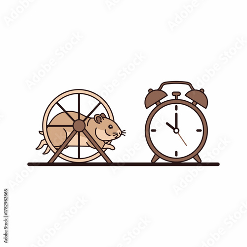 Cute hamster running in wheel next to alarm clock, portraying endless cycle, routine, time management, and the concept of being busy