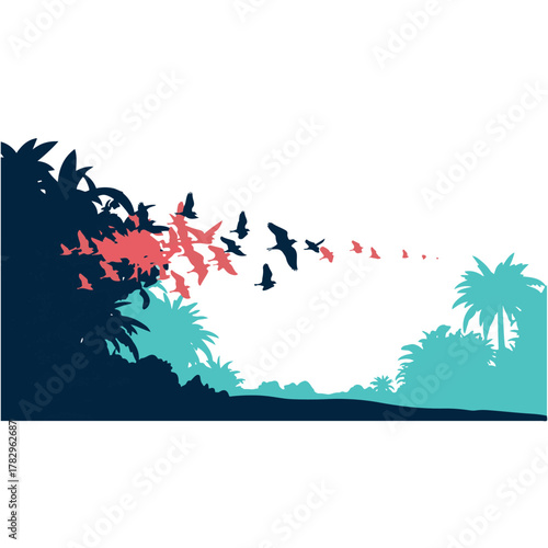 Tropical paradise escape with vibrant birds soaring over lush palms, ideal for travel posters and vacation promotions, a dynamic nature silhouette design