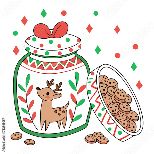 Cookie Jar Vector Illustration with Deer for Holiday Treats, Baking, and Sweet Pastries. Cute Festive Design for Cookies Storing, Decoration, and Celebration,