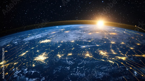 Fototapeta Naklejka Na Ścianę i Meble -  A view of earth from space showing city lights and the sunrise over the planet's horizon