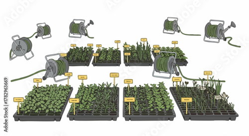 Gardening equipment and seedling trays with various plants.