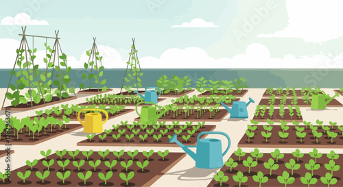 Vegetable Garden with Rows of Plants and Watering Cans.