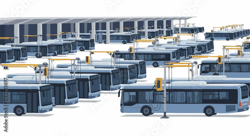 Numerous Buses Lined Up at a Station Ready for Transport.