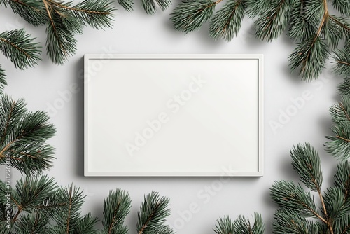 Blank picture frame surrounded by green pine branches on white background