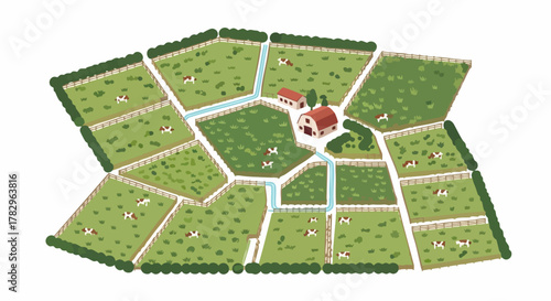 Aerial view of a farm divided into many green fields with a central house and animals.