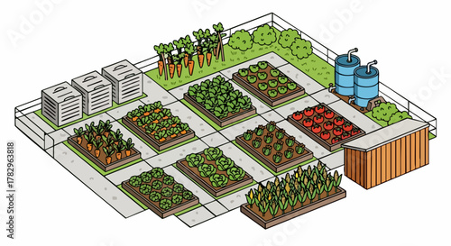 Isometric illustration of a modern urban farm with diverse crops and agricultural infrastructure.