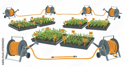 Automated Irrigation System for Seedlings with Hose Reels and Trays.