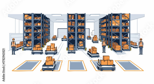 Smart warehouse automation with autonomous mobile robots and workers.