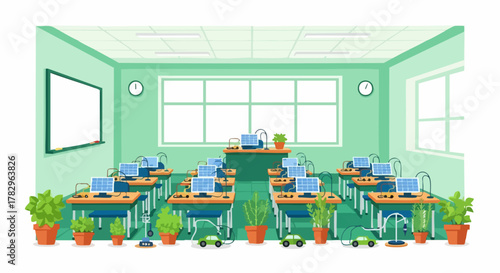 Classroom with computers and plants for education and learning.