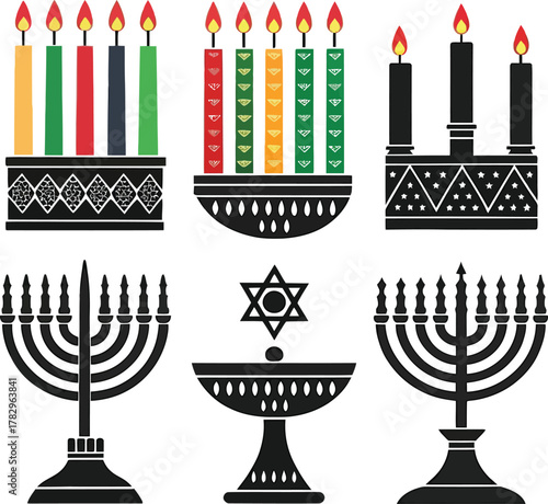 Collection of Hanukkah menorahs and candles with Star of David kwanzaa african culture Jewish holiday