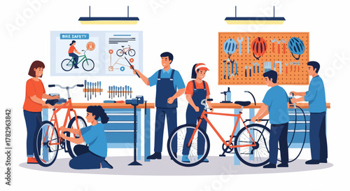 Bicycle Repair Workshop with Mechanics and Customers Learning Bike Maintenance.