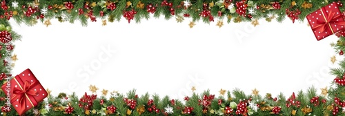Festive christmas border with gifts, pine branches, and berries