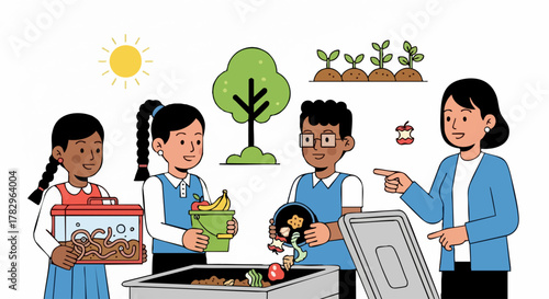 Children and teacher learning about composting and environmental education.