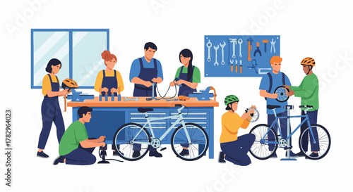 Diverse group of people repairing bicycles in a community workshop setting.