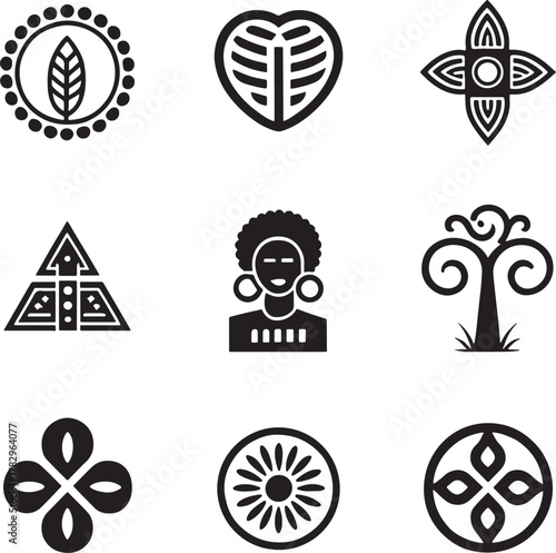 Collection of nine kwanzaa african culture black and white abstract geometric and symbolic icons vector