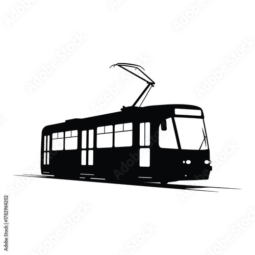 Silhouette of a modern tram with trolley pole against white background