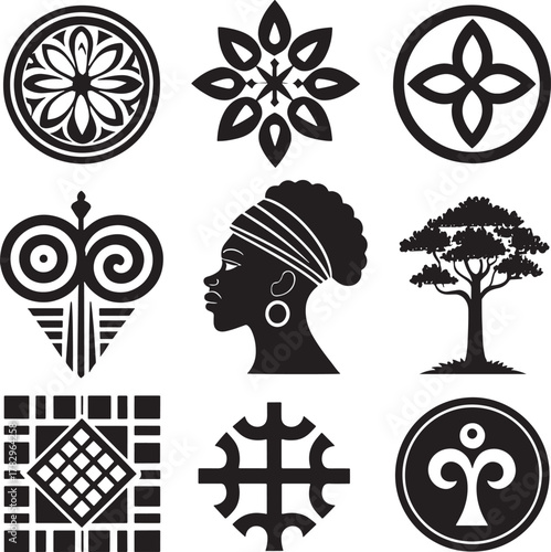 Collection of nine kwanzaa african culture black and white African inspired symbols and icons including a woman's profile and a tree