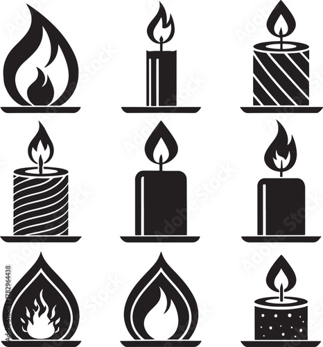 Collection of nine kwanzaa african culture black and white vector icons representing candles and flames