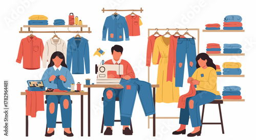 Tailoring workshop with people working on clothes and sewing machines.