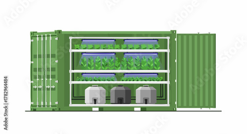 Hydroponic farm inside a shipping container for sustainable agriculture.