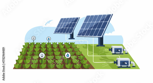 Smart farming system with solar panels and automated irrigation.