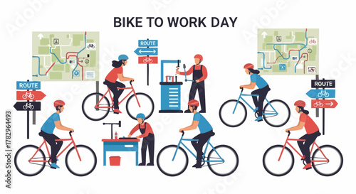 People cycling and repairing bikes for Bike to Work Day.