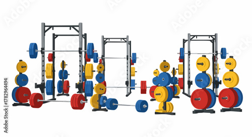 Colorful Weightlifting Equipment in Gym Setting.