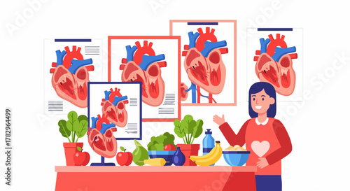 Woman presenting heart anatomy diagrams and healthy food.