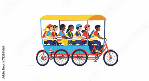 Children riding a multi person bicycle with a yellow canopy.