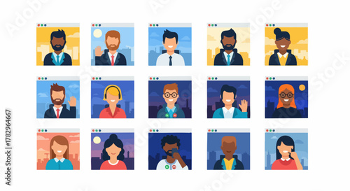 Diverse group of people in a virtual video conference call online meeting.