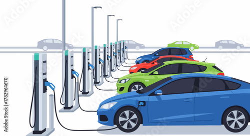 Electric Cars Charging at Public Station with Multiple Vehicles.