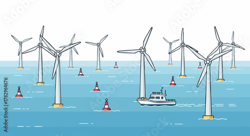 Offshore Wind Farm with Turbines and a Boat Illustration.
