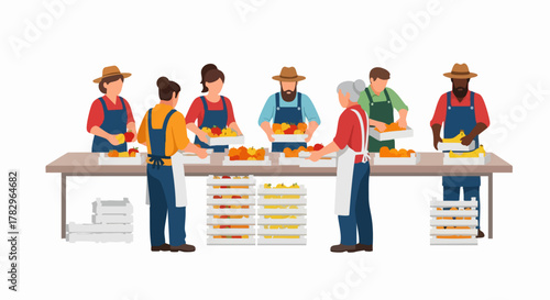 Diverse group of people working together at a food stand.