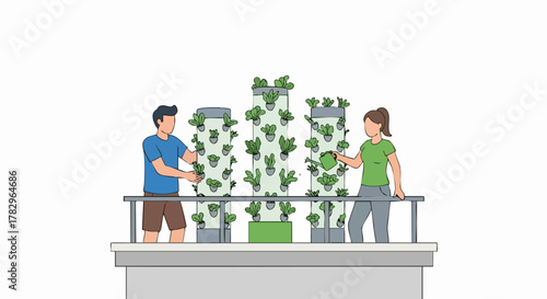Couple tending to vertical garden towers on rooftop.