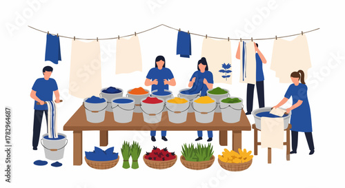 Artisans engaged in traditional fabric dyeing process with natural colors.