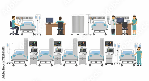 Hospital Room Scenarios with Patients, Doctors, and Medical Equipment.