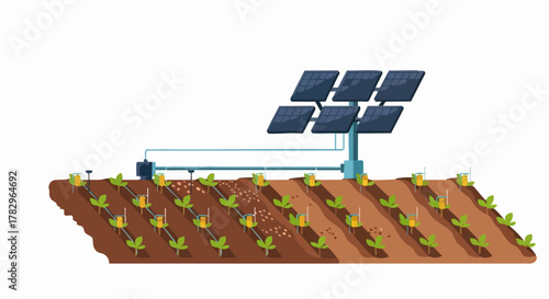 Solar panels powering agricultural field with crops and sustainable energy.