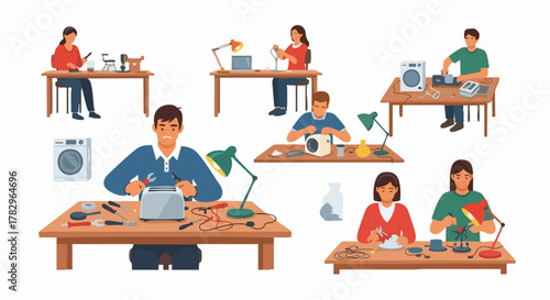 Diverse group of people engaged in hands on crafting and repair activities.