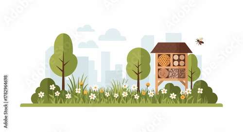 Bee hotel in a garden with flowers and trees.