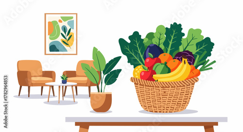 Wicker basket overflowing with fresh organic fruits and vegetables.