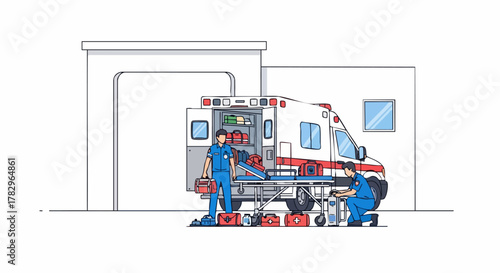 Ambulance Crew Loading Patient onto Stretcher at Station.