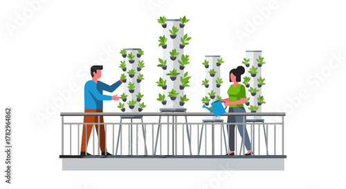 People tending vertical hydroponic gardens for urban farming.