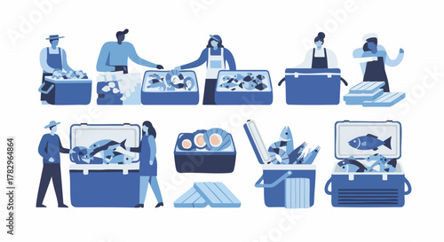 People handling and selling fresh fish in various containers.