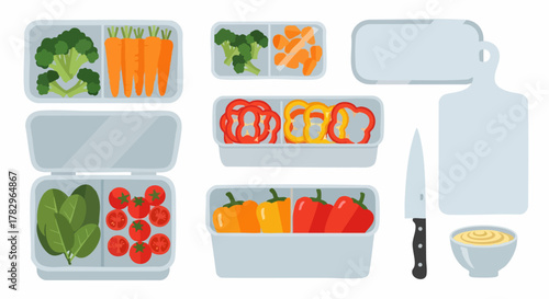 Fresh Vegetables in Containers with Cutting Boards and Knife.