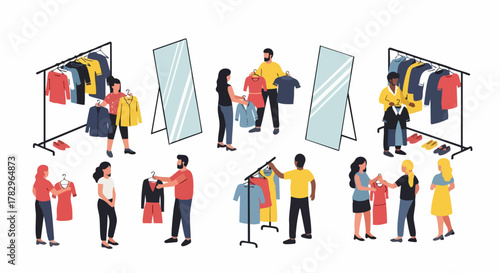 Isometric collection of diverse people shopping for clothes in a retail store.