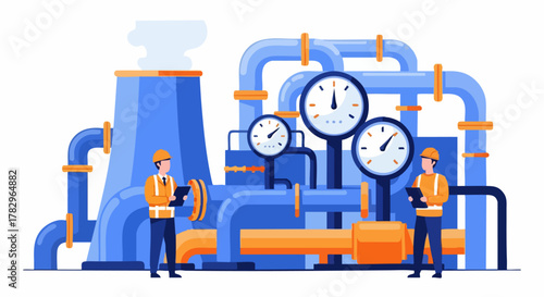 Industrial plant operation with engineers monitoring complex machinery and pipelines.