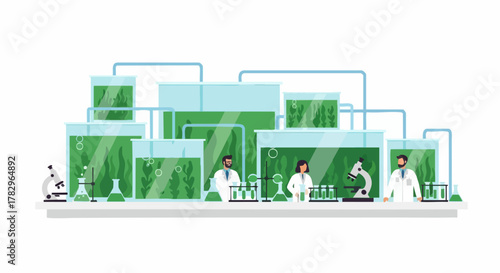 Algae research facility with scientists.