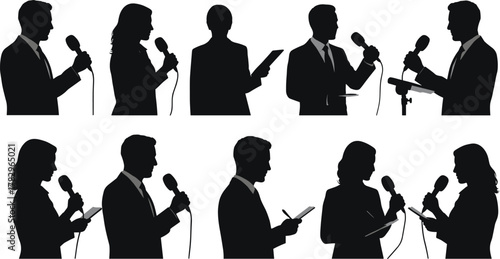 Interview silhouette, reporter and speaker, media communication vector, microphone pose, journalism scene, black icons, public speaking, press interaction, news concept